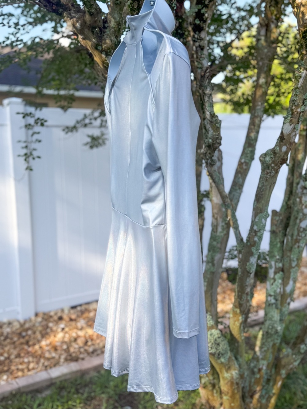 SPIRIT Silver Holographic Cold Shoulder Mock Neck Skater Dress Medium - Picture 8 of 9